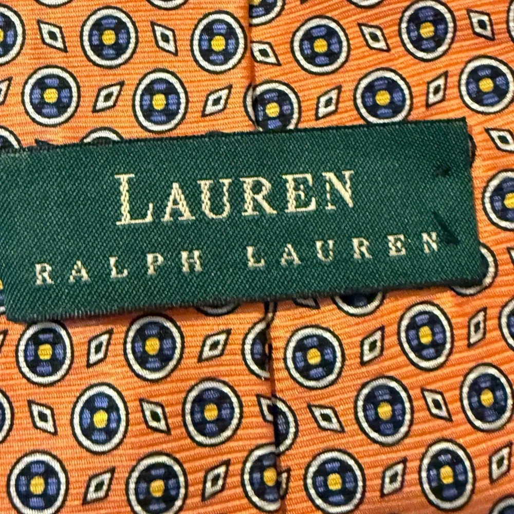 Lauren Ralph Lauren / orange 100% silk‎ necktie w circular blue pattern & dots